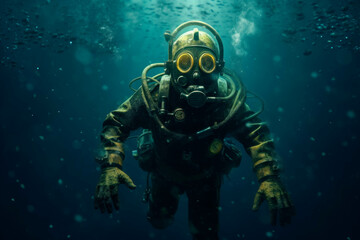 Scuba diver in deep blue water. Underwater photo of a diver.