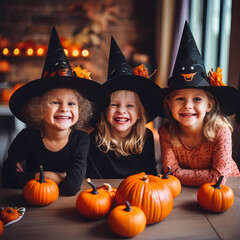 Fototapeta premium Adorable kids girl celebrating halloween party at home.