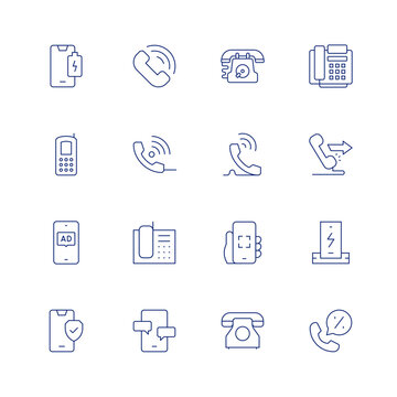 Phone line icon set on transparent background with editable stroke. Containing low battery, phone call, telephone, phone, old phone, advertising, interactivity, phone charger, security, chat.
