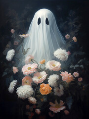 Cute ghost with a bouquet flowers in her hands - 639906308