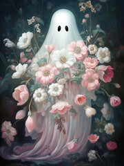 Cute ghost with a bouquet flowers in her hands - 639906317