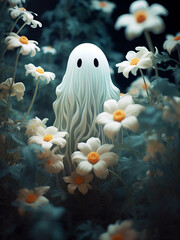 Flowers cute ghost portrait print, floral ghost - 639906327