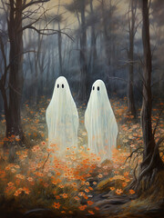 Two ghosts walking in the fall forest, thanksgiving - 639906339
