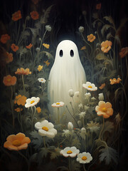 Flowers ghost portrait print, orange floral ghost - 639906340