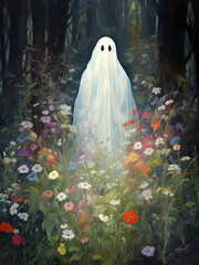 Cute ghost walking in a flowery forest - 639906359