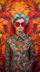 beautiful woman peacock jungle bird face young glamour beauty wing fashion. Generative AI.