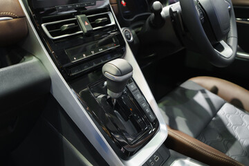 Close up of Modern car automatic gearbox and control buttons