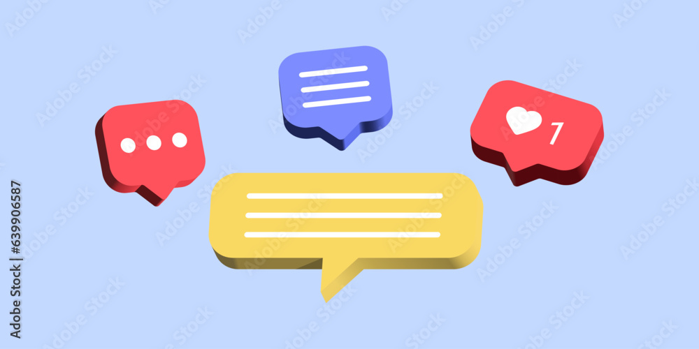 Aufkleber 3D chat message speech bubble icons with heart like notification icon. social media and social network communication design background. 3d rendering vector illustration