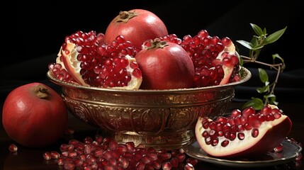 Crimson pomegranate in copper bowl