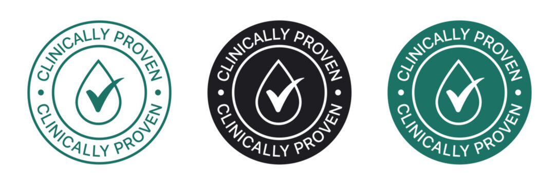 clinically proven stamp label with water drop, leaf and check mark tick icon. dermatologically tested icon, vector logo, product label stickers