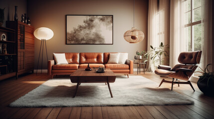 Mid-century interior design of modern living room with white sofa and wooden chairs.
