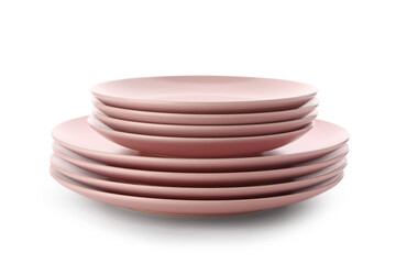 Stack of pink plates on white background