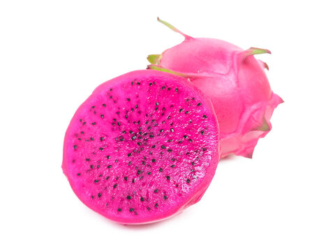 Fresh red or purple dragon fruit species placed on a white background.