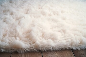 White woolen rug on wooden floor, white plush rug closeup, home product footage