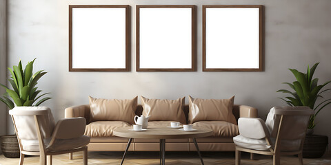 blank empty frame mockup in modern living room with sofa and table
