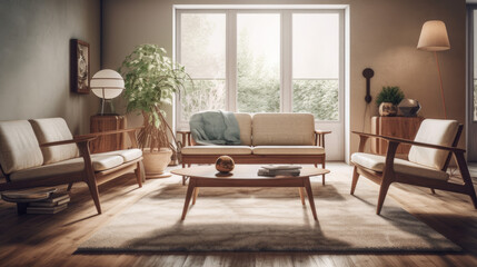 Mid-century interior design of modern living room with white sofa and wooden chairs.