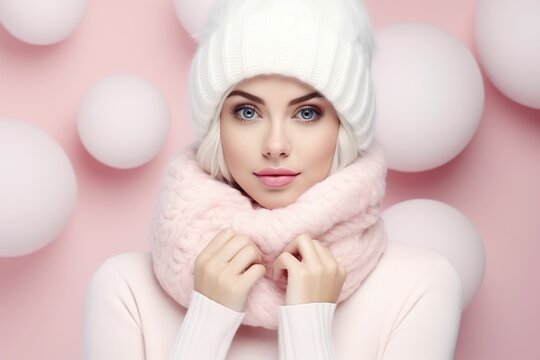 Young Woman With Winter Knitted Hat And Scarf On Pink Background, Close-up Of Young Model In Winter Clothes, Winter Sale, Young Woman's New Year Outfit