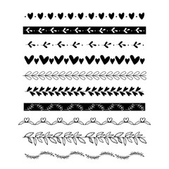 Obraz premium Set borders deviders romantic ornament brushes in doodle style with heart, leaves. Love vintage decorative line separator, geometric curved frames isolated on white background