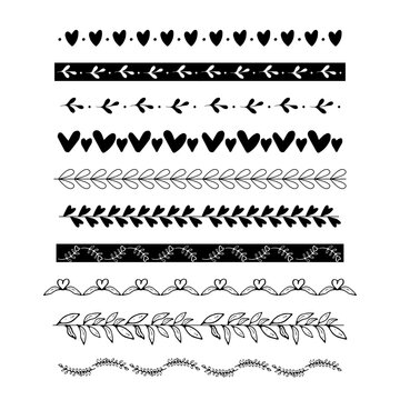 Set borders deviders romantic ornament brushes in doodle style with heart, leaves. Love vintage decorative line separator, geometric curved frames isolated on white background