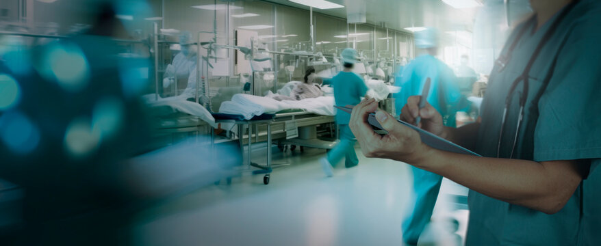 Doctor fills out checklist in the tablet in very busy in the hospital background.