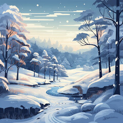 Snowy landscape illustration with pines and mountains. Winter season 