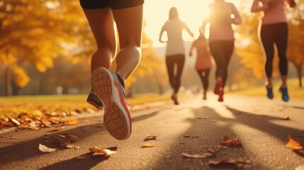 Close up legs of runner group running on sunrise in park in autum