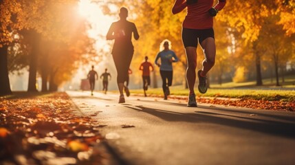 Close up legs of runner group running on sunrise in park in autum