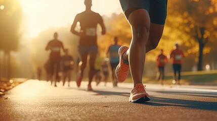 Close up legs of runner group running on sunrise in park in autum