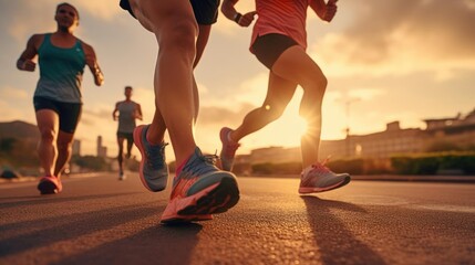 Close up legs runner group running on sunrise seaside trail
