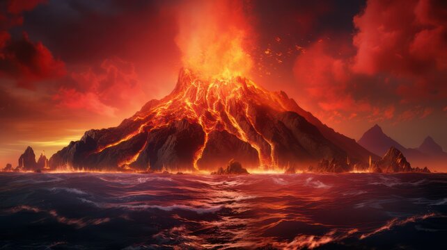 Erupting volcan and lava floating into the ocean created with Generative AI