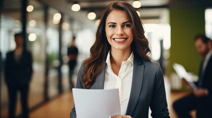 Young businesswoman holding document file and looking at camera