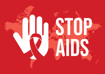 Stop AIDS poster with human hand palm vector illustration. Red hiv aids awareness ribbon and human hand palm icon vector. Stop AIDS gesture symbol - obrazy, fototapety, plakaty
