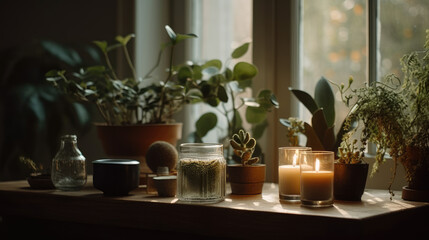 Mindfulness home interior decor, green plants and candles in beautiful afternoon light, natural cozy calm home decoration.