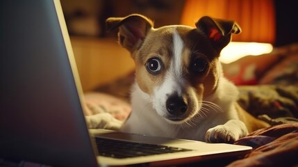 Cute dog looking on laptop montor screen at home