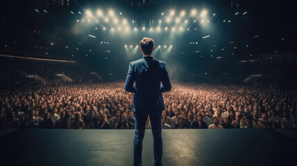 Back view of motivational speaker standing on stage in front of audience for motivation speech on conference or business event. AI Generative - obrazy, fototapety, plakaty