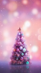 AI Generated pink Christmas tree with bauble hanging on the Christmas tree with sparkling light spot.