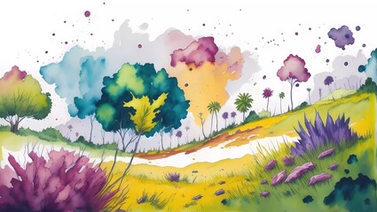 Fondo de Naturaleza en Color: Ilustración de Arte en Acuarela y Tinta, Pintando un Paisaje Vivo con Salpicaduras, Formas Orgánicas y Texturas