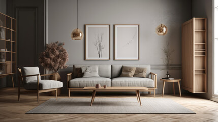 Minimalist modern living room interior background, living room mock up in scandinavian style, empty wall mockup.