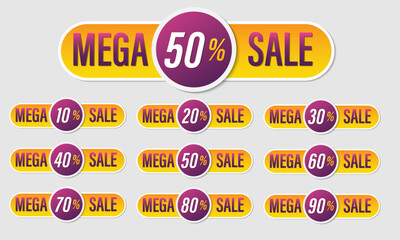 Discount price tag, Price 10 20 30 40 50 60 70 80 90 percent, yellow and purple mega sale promotion sticker badge set for shopping marketing, advertisement clearance, element, Vector illustration