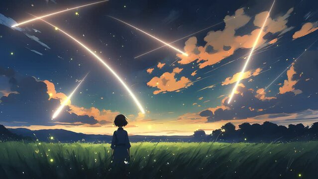 Meteor streak across the vast sky at night. Seamless loop video