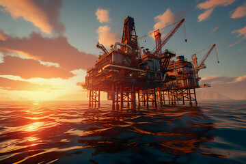 Oil and gas platform in the sea at sunset 