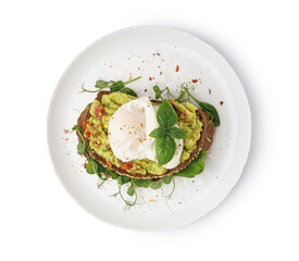 Plate of tasty sandwich with egg on white background