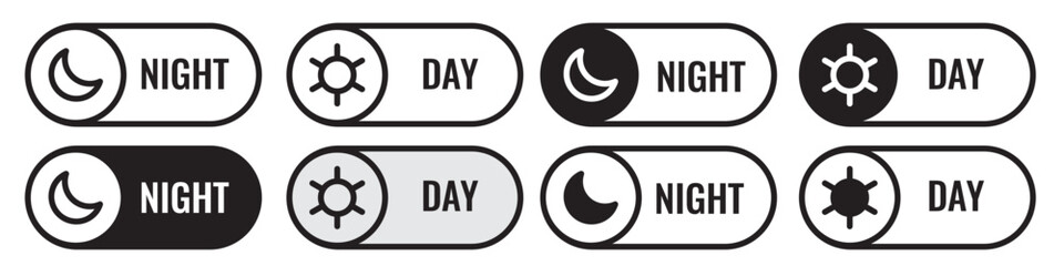 Dark Mode icon. Computer or mobile device day and night toggle switch symbol. Vector set of morning sun light or sleep slider. Flat outline of website app display theme. Logo sign of on off mode