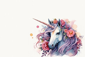 Cute unicorn with flowers isolated on a white background Watercolor illustration 