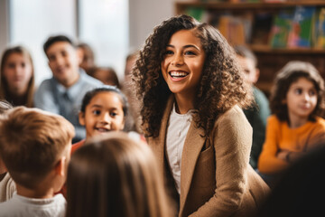 Obraz premium Dynamic teacher educating diverse elementary class 