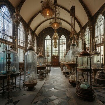 Historic laboratory with glass bulbs and big windows created with Generative AI