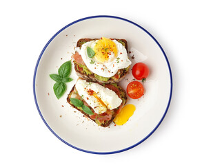 Plate of tasty sandwiches with egg on white background