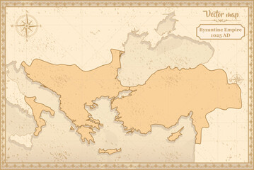 Map of Byzantine Empire in the old style, brown graphics in retro fantasy style.