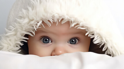 Portrait of Cute baby peeking out on white background, hiding, happy eyes, copy space. 