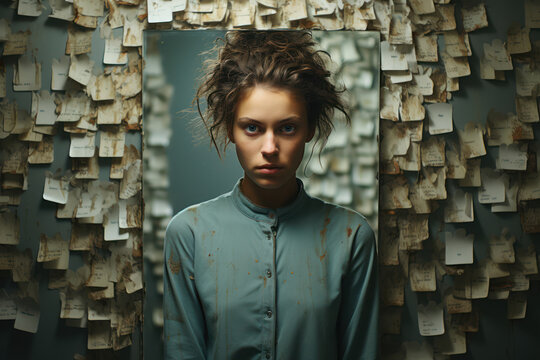 Mental Health Stigma. Person facing a mirror with negative words written on it, symbolizing the stigma associated with mental health. Generative AI.